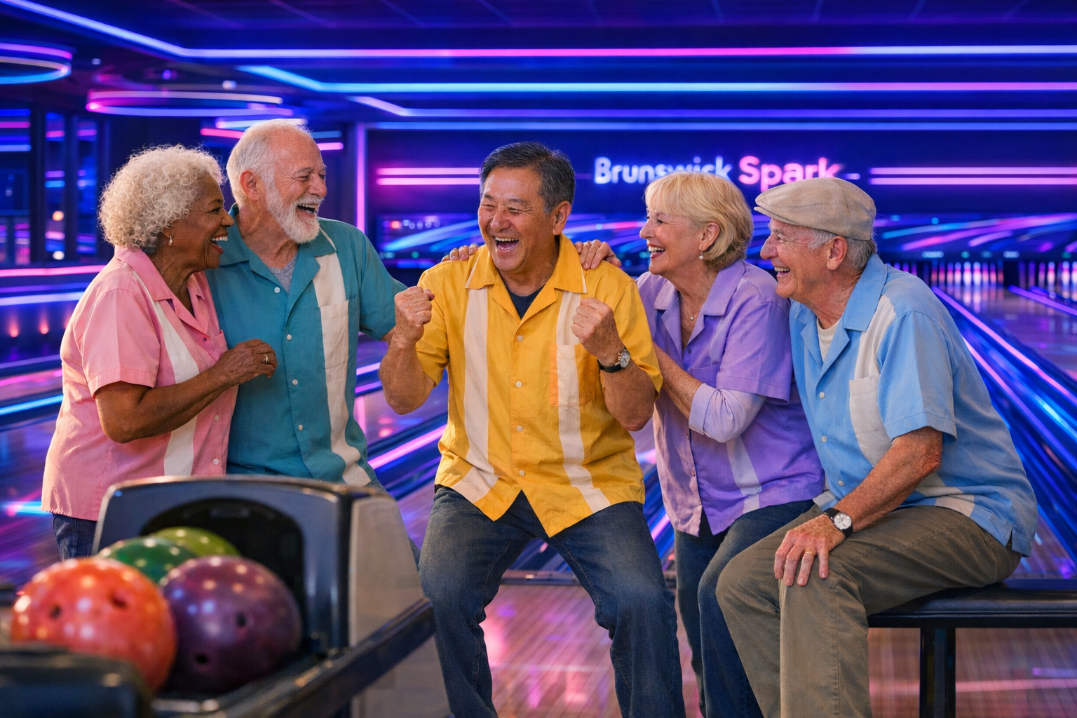 Senior Bowlers in Action at Brunswick Spark Bowling Alley